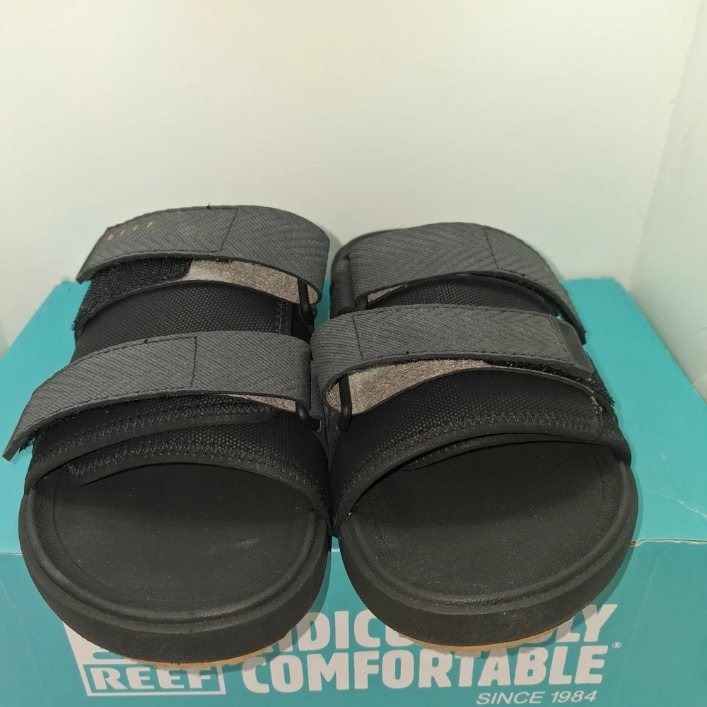Reef Men's Black and Dark Gray Strapped Slide Sandals